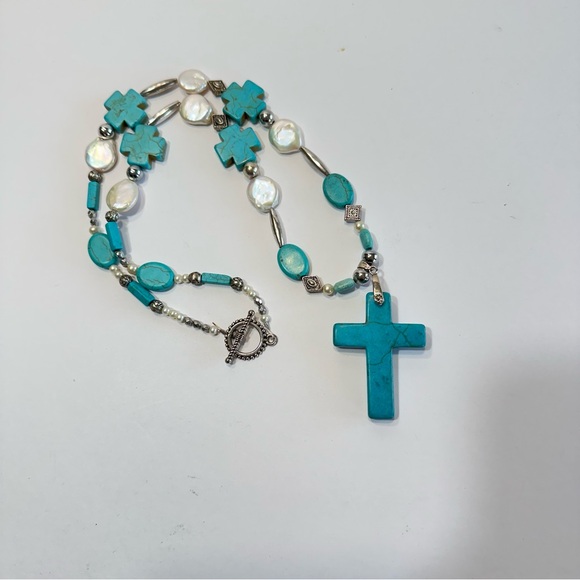 Turquoise Cross Statement Necklace Pearl & Faux Pearl Beaded Artisan Made - Picture 2 of 14